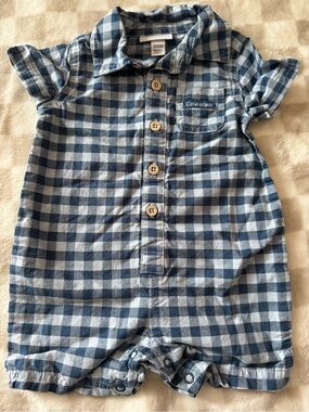 Calvin Klein Navy and White Gingham Baby Shirt Romper